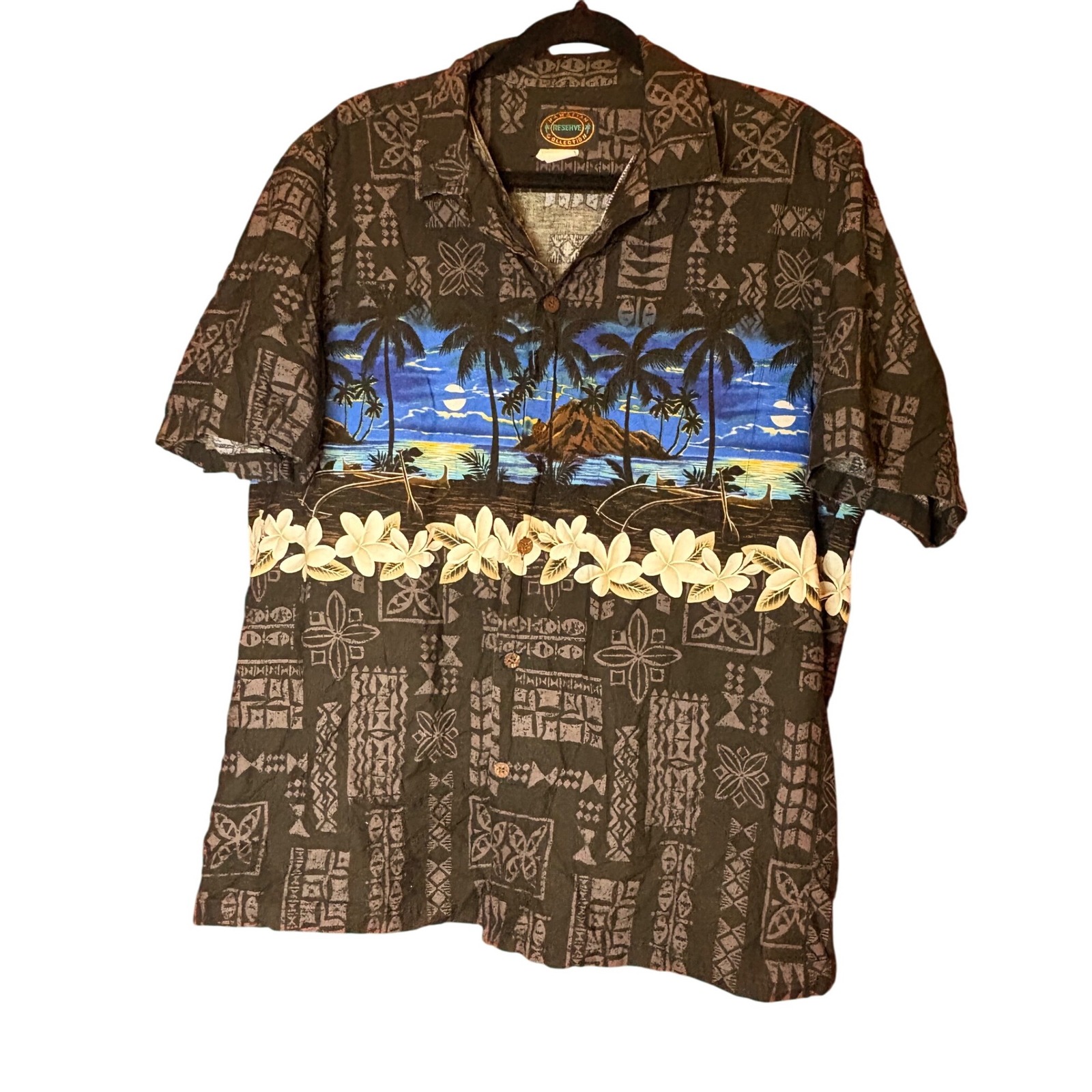 Vtg Hawaiian Reserve Collection Mens Aloha Shirt Tropical Palm Tree Beach Scene